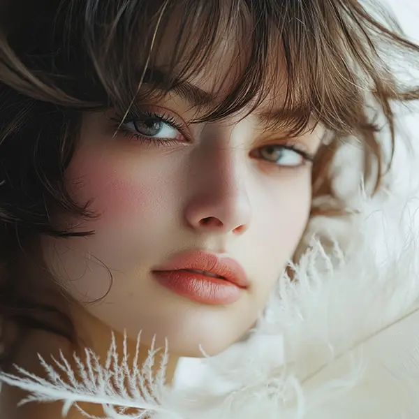 Frau mit Feederschnittfrisur (KI Inhalt)